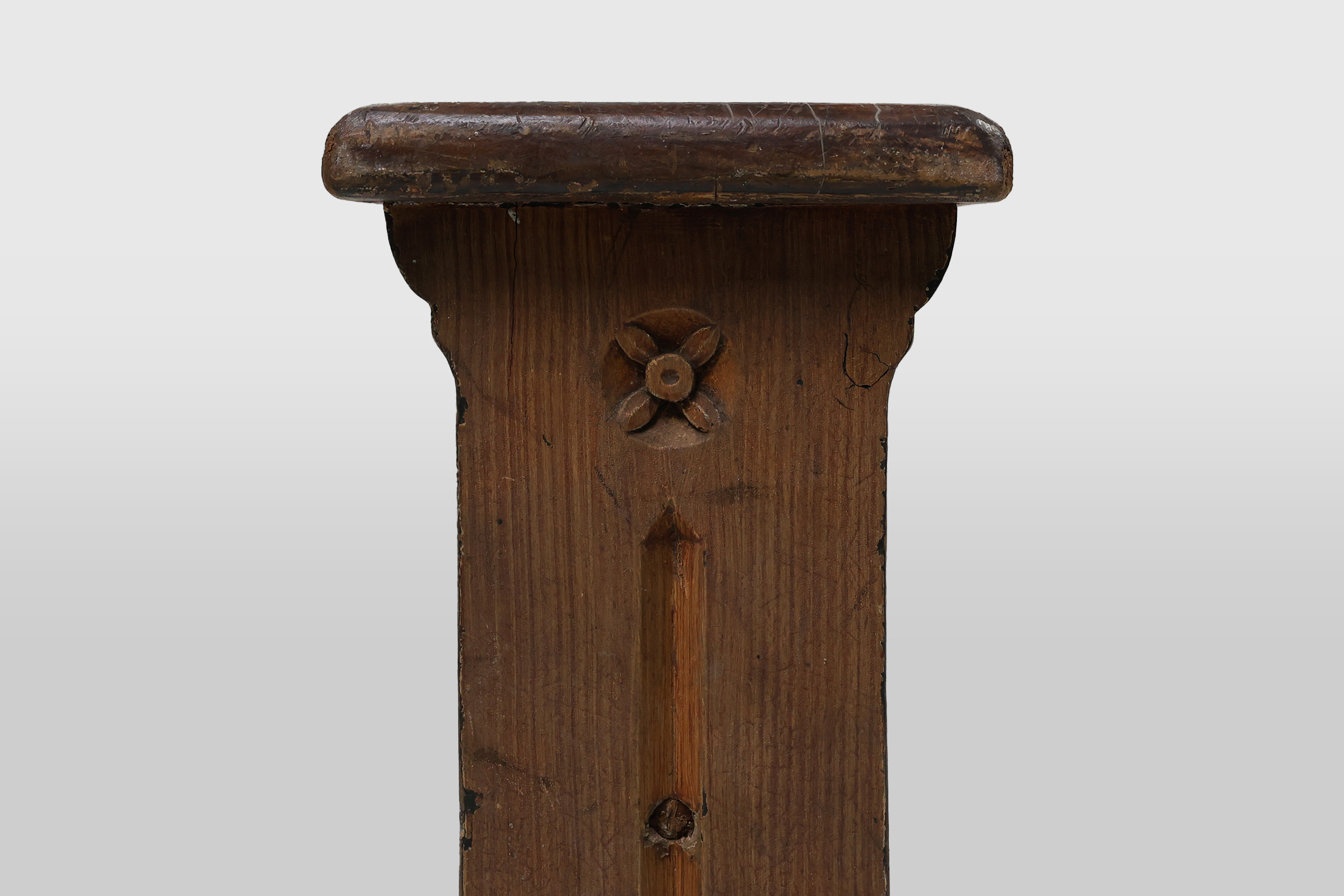 Rustic French bench in oak with carvings and nice patina, ca. 1850thumbnail